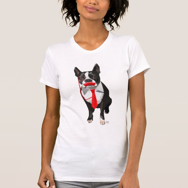 Boston Terrier With Red Tie and Moustache 2 T-Shirt (Front)