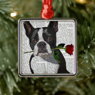 Boston Terrier with Rose in Mouth Metal Tree Decoration