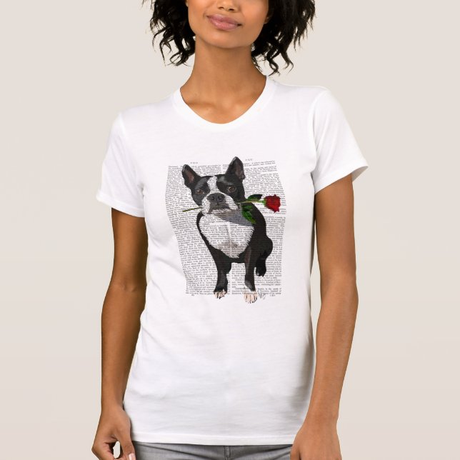 Boston Terrier with Rose in Mouth T-Shirt (Front)