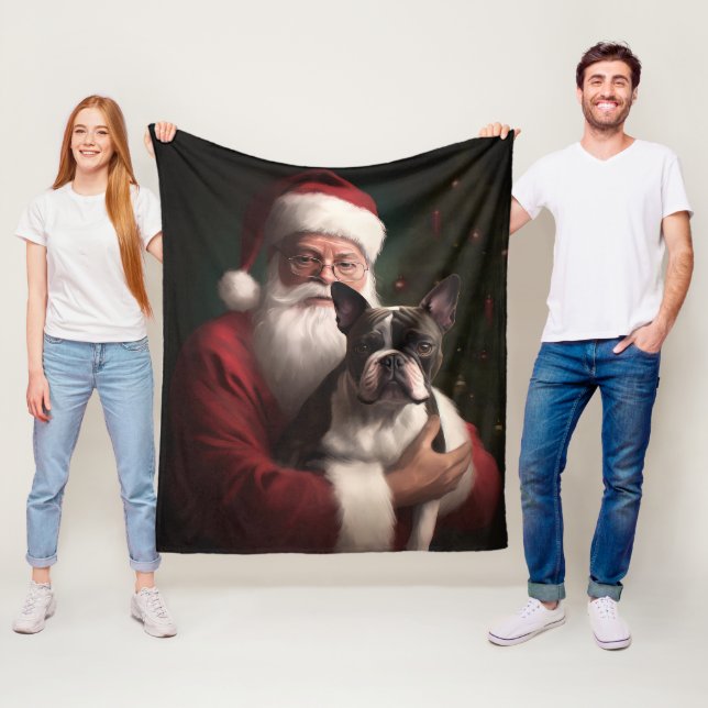 Boston Terrier With Santa Claus Festive Christmas Fleece Blanket (In Situ)