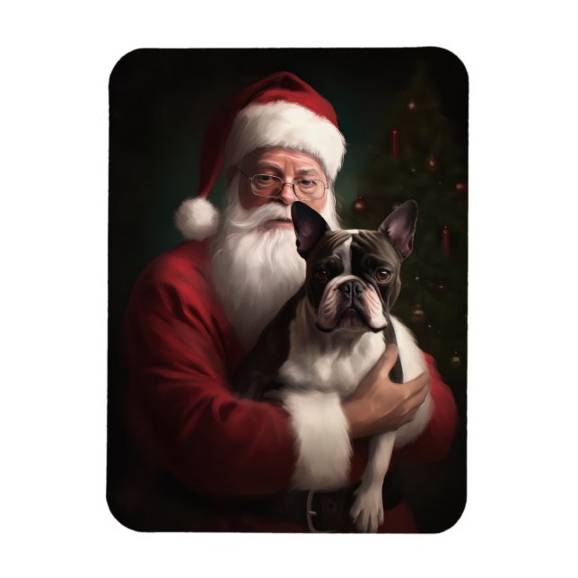 Boston Terrier With Santa Claus Festive Christmas Magnet (Vertical)