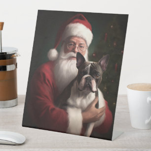 Boston Terrier With Santa Claus Festive Christmas Pedestal Sign