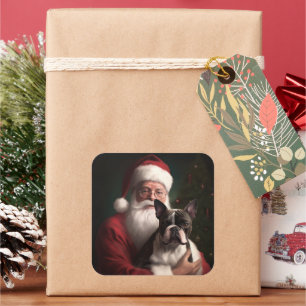 Boston Terrier With Santa Claus Festive Christmas Square Sticker