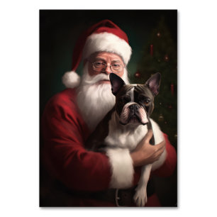 Boston Terrier With Santa Claus Festive Christmas Table Number