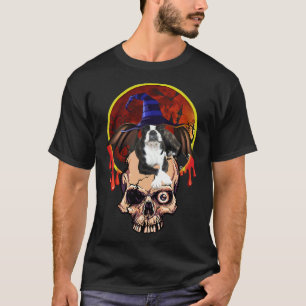 Boston Terrier With Skull And Wichs Hat Halloween T-Shirt