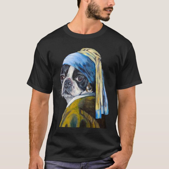 Boston Terrier With The Pearl Earring Long T-Shirt (Front)