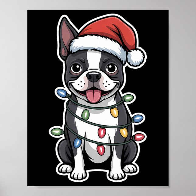 Boston Terrier Wrapped In Christmas Lights  Poster (Front)
