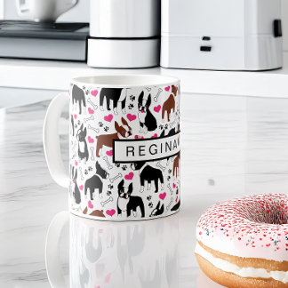 Boston Terriers and Hearts Cute Custom Name Coffee Mug