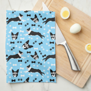 Boston Terriers Blue Dog Pattern  Tea Towel