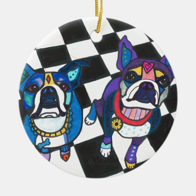 Boston Terriers by Heather Galler Ceramic Tree Decoration (Front)