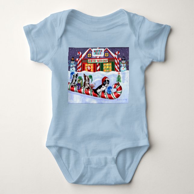 Boston Terriers Candy Cane Santa Christmas Snowman Baby Bodysuit (Front)