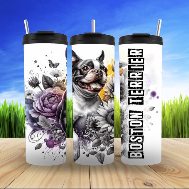 Boston Terrier's Grayscale Garden Glee Thermal Tumbler (Creator Uploaded)