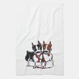 Boston Terriers Leashed Tea Towel