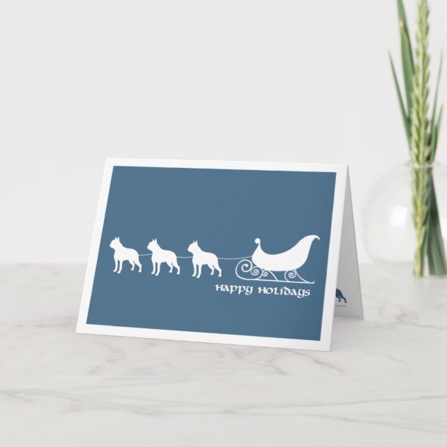 Boston Terriers Pulling Santa's Sleigh Holiday Card (Front)