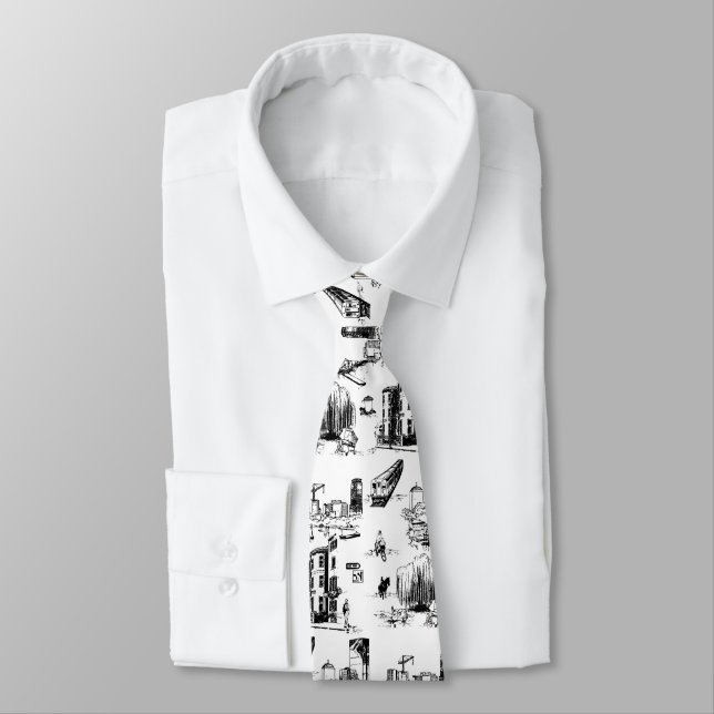 Boston Toile Black and White Neck Tie (Tied)