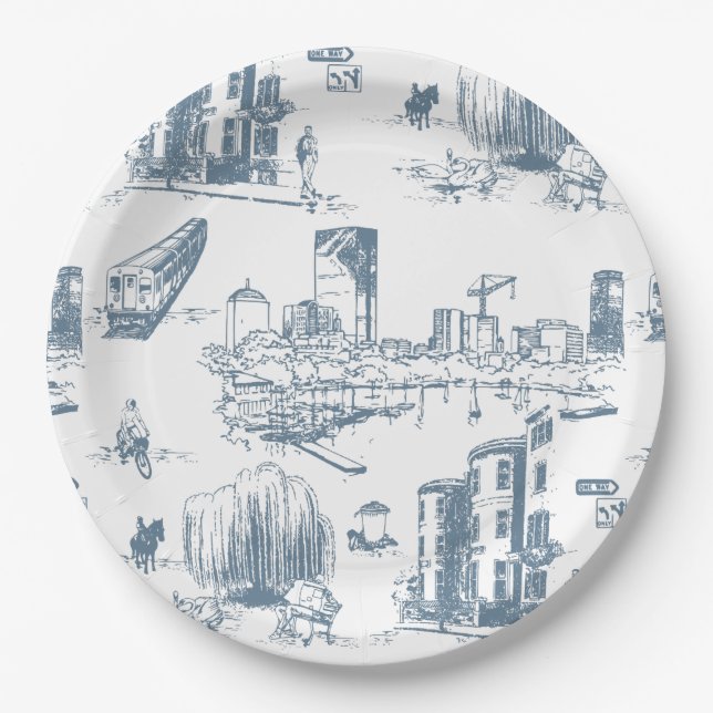 Boston Toile Blue Paper Plate (Front)