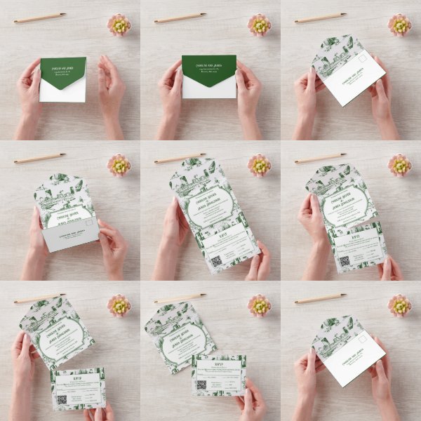 Boston Toile Forest Green AllinOne Wedding Invite