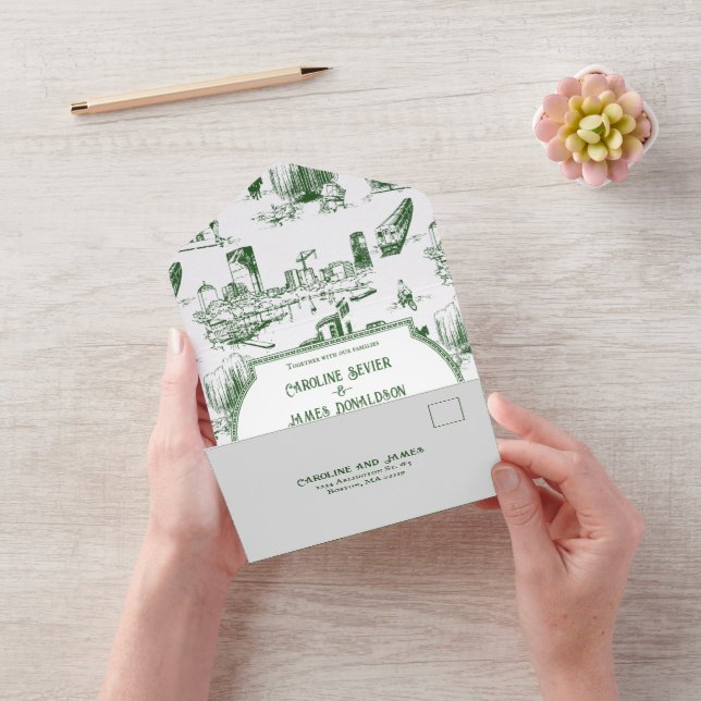 Boston Toile Forest Green AllinOne Wedding Invite (Video)