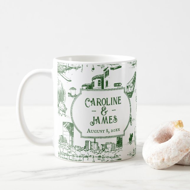 Boston Toile Forest Green Personalised Wedding Coffee Mug (With Donut)