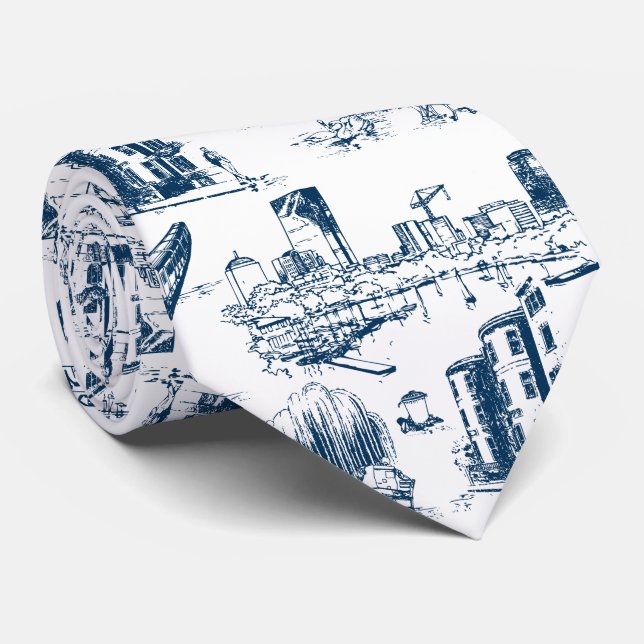 Boston Toile Navy and White Neck Tie (Rolled)