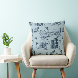 Boston Toile Navy on Blue Throw Pillow