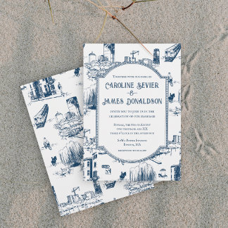 Boston Toile Navy Wedding Invitation