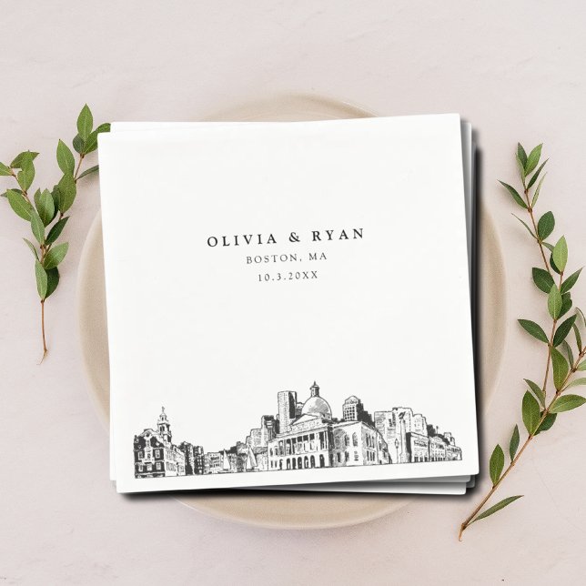 Boston Wedding Cocktail Napkin (Boston wedding napkins with black and white skyline sketch personalized with your names and date )