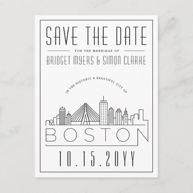 Boston Wedding | Stylised Skyline Save the Date Postcard (Front)