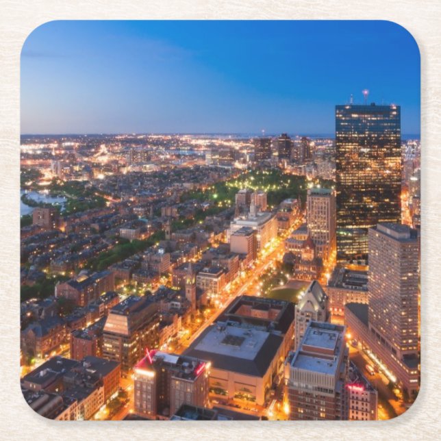 Boston's skyline at dusk square paper coaster (Front)