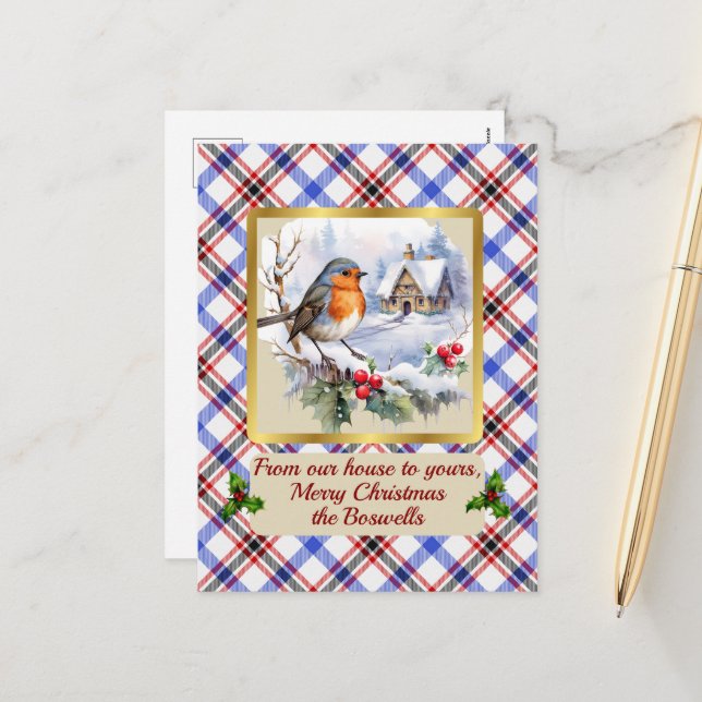 Boswell Crest & Tartan w/Robin Personalised   Holiday Postcard (Front/Back In Situ)