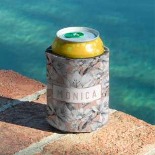 Botanic black white rose gold glitter flowers Can Cooler