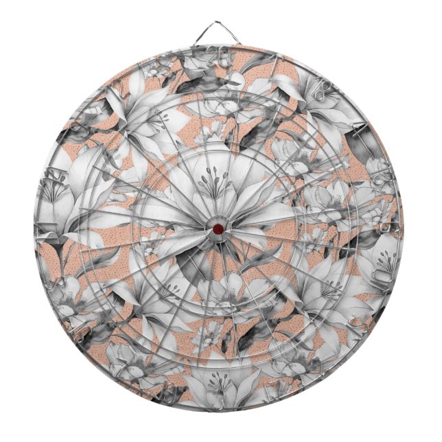 Botanic black white rose gold glitter flowers dartboard (Front)
