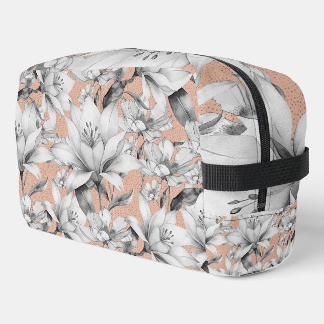 Botanic black white rose gold glitter flowers dopp kit (Left Corner)