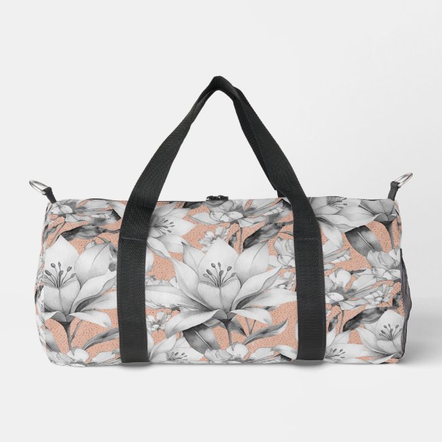 Botanic black white rose gold glitter flowers duffle bag (Front)