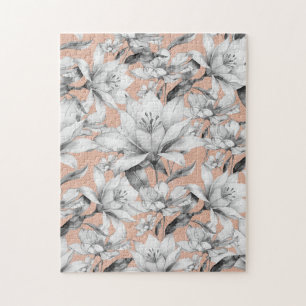 Botanic black white rose gold glitter flowers jigsaw puzzle