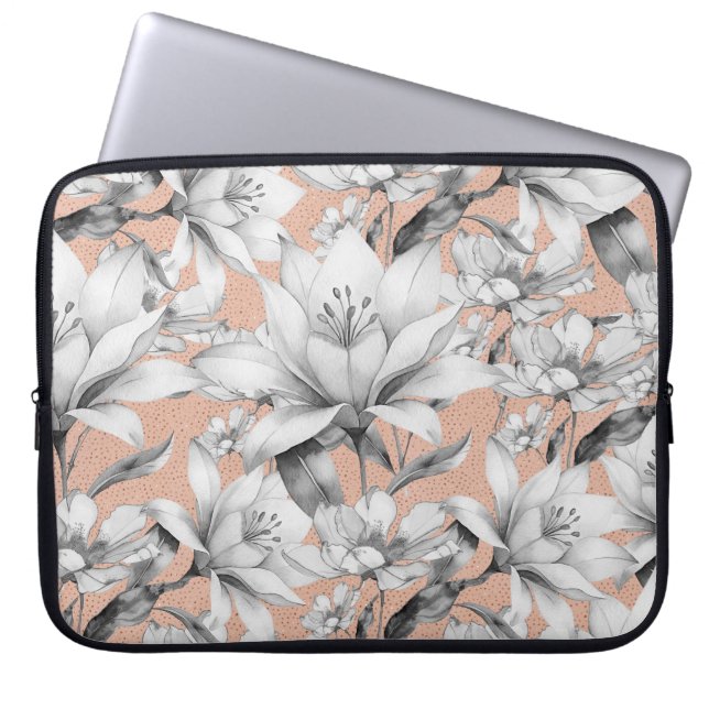 Botanic black white rose gold glitter flowers laptop sleeve (Front)