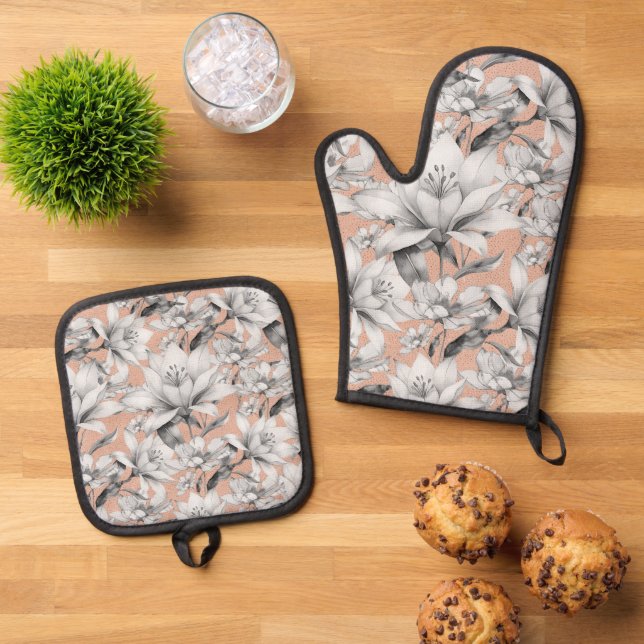 Botanic black white rose gold glitter flowers oven mitt & pot holder set (Top Down)