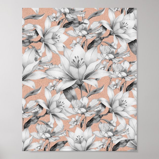 Botanic black white rose gold glitter flowers poster (Front)
