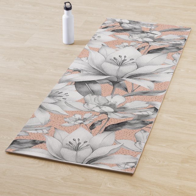 Botanic black white rose gold glitter flowers yoga mat (In Situ)