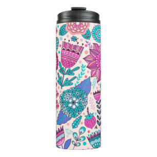 Botanic doodle flowers, seamless, vintage texture. thermal tumbler