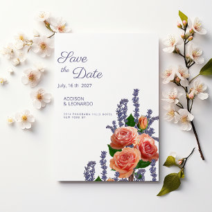 Botanic lavender peach rose flowers Save the Date Invitation