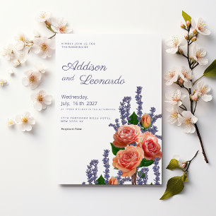 Botanic lavender peach rose flowers wedding invitation