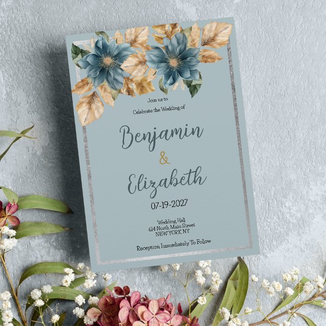 Botanic mauve blue brown silver floral Wedding Invitation (Botanic mauve blue brown silver floral Wedding )
