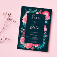 Botanic nordic blue green pink flora Save the Date