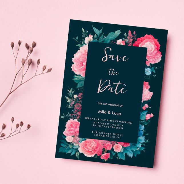 Botanic nordic blue green pink flora Save the Date Invitation (Botanic nordic blue green pink flora Save the Date)