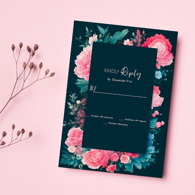 Botanic nordic blue green pink floral RSVP Invitation (Botanic nordic blue green pink floral RSVP )