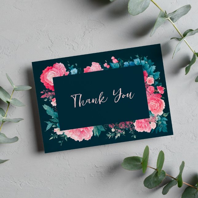 Botanic nordic blue green pink floral Thank You Enclosure Card (Botanic nordic blue green pink floral Thank You )
