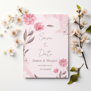 Botanic pink brown watercolor floral Save the Date Invitation