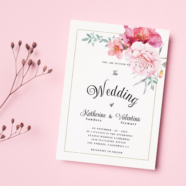 Botanic pink mint formal script floral wedding invitation (Botanic pink mint formal script floral wedding)