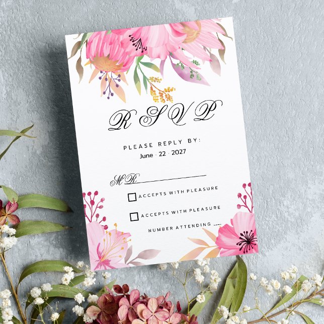 Botanic pink orange watercolor flowers RSVP Invitation (Botanic pink orange watercolor flowers RSVP)